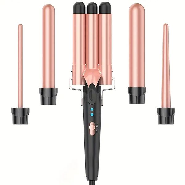 

hair waver curling iron, 3 barrel hair crimper iron, 5-in-1 curling wand with fast heating up, crimper wand curler for all hair types, inclu