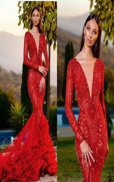 2020 red mermaid prom dresses lace appliqued crystal plunging neck long sleeve evening dress tiered skirts illusion robe de s6053428, Black
2020 red mermaid prom dresses lace appliqued crystal plunging neck long sleeve evening dress tiered skirts illusion robe de s6053428, Black