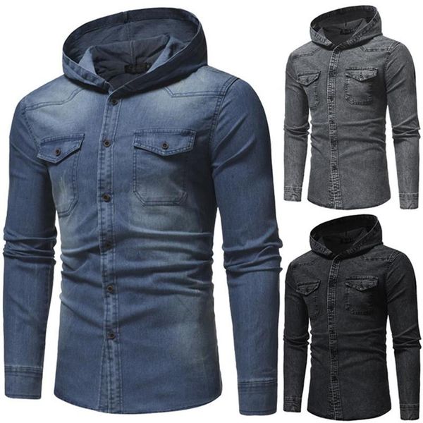men's casual shirts spring wash denim shirt men long sleeve fashion hooded jeans slim fit226v, White;black
men's casual shirts spring wash denim shirt men long sleeve fashion hooded jeans slim fit226v, White;black