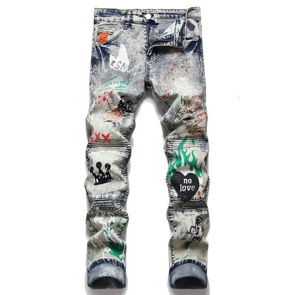 men's jeans brand men printed stretch denim streetwear patchwork painted biker pants holes ripped distressed slim tapered trousers 2308, Blue
men's jeans brand men printed stretch denim streetwear patchwork painted biker pants holes ripped distressed slim tapered trousers 2308, Blue
