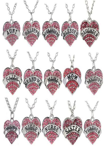 new 5pcslot pink rhinestones heart pendant necklace with mom faith nurse teacher sister believe etc words letters fit for family3772283, Silver
new 5pcslot pink rhinestones heart pendant necklace with mom faith nurse teacher sister believe etc words letters fit for family3772283, Silver