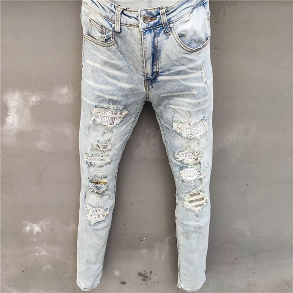 men's jeans s men light blue elastic slim fit destroyed ripped patchwork punk hip hop pants streetwear 230810
men's jeans s men light blue elastic slim fit destroyed ripped patchwork punk hip hop pants streetwear 230810
