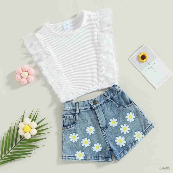 clothing sets toddler kids baby girls summer outfit sets white sleeve ribbed daisy print denim shorts r230812 
clothing sets toddler kids baby girls summer outfit sets white sleeve ribbed daisy print denim shorts r230812