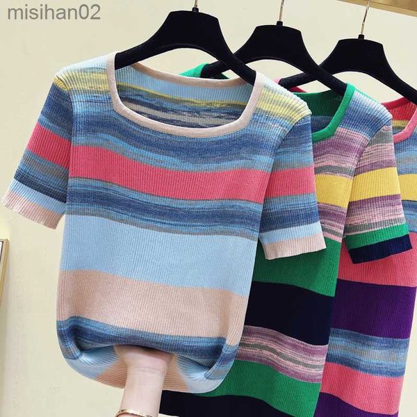 women's knits tees summer thin oversized striped tshirt sweater women short sleeve square collar fashion loose stylish ladies knitwear, White
women's knits tees summer thin oversized striped tshirt sweater women short sleeve square collar fashion loose stylish ladies knitwear, White