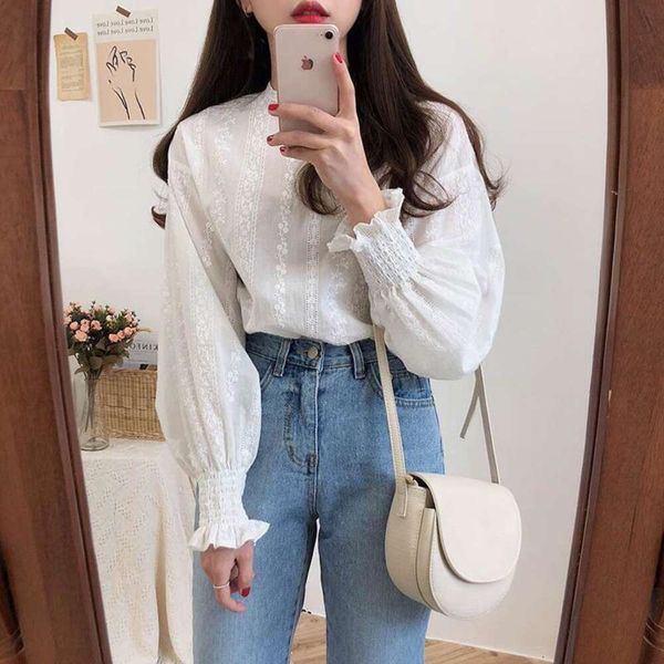 very fairy blouse spring and shirt autumn style korean fresh embroidered lace long sleeved western, White
very fairy blouse spring and shirt autumn style korean fresh embroidered lace long sleeved western, White