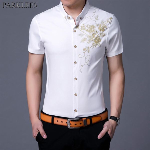 men's gold rose print white dress shirts 2020 brand slim fit short sleeve chemise homme casual party wedding shirt for male 32826, White;black
men's gold rose print white dress shirts 2020 brand slim fit short sleeve chemise homme casual party wedding shirt for male 32826, White;black