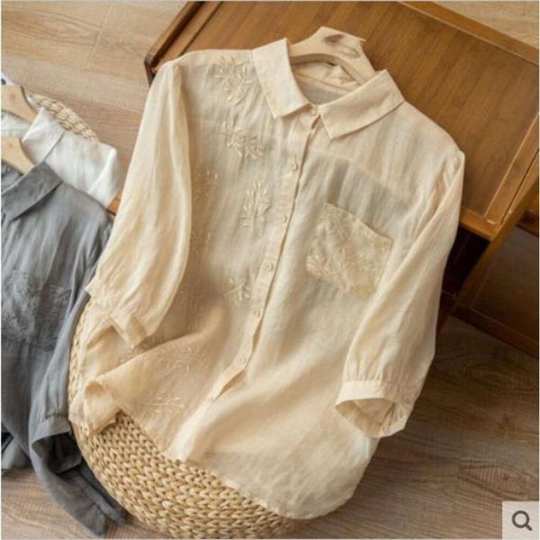 three quarter sleeves hemp shirt womens artistic retro loose casual spring and summer cotton linen t, White
three quarter sleeves hemp shirt womens artistic retro loose casual spring and summer cotton linen t, White