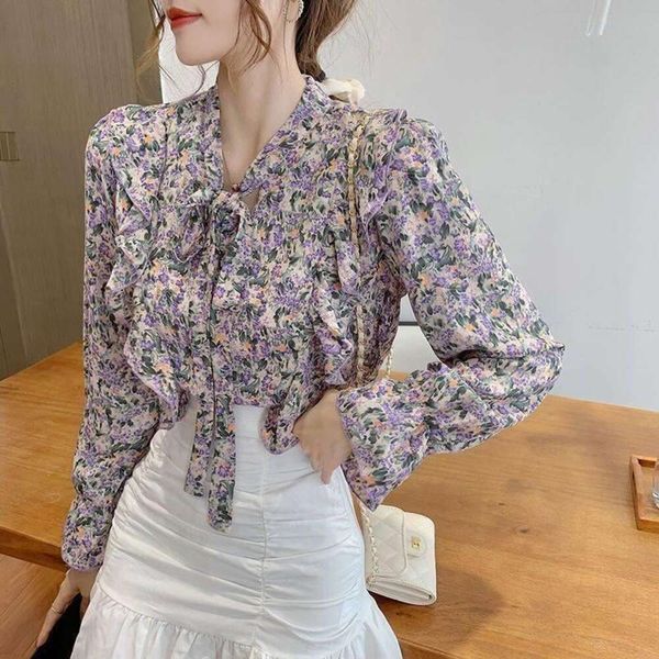chiffon blouse for womens blouses women spring and summer style bow small floral long sleeve western, White
chiffon blouse for womens blouses women spring and summer style bow small floral long sleeve western, White