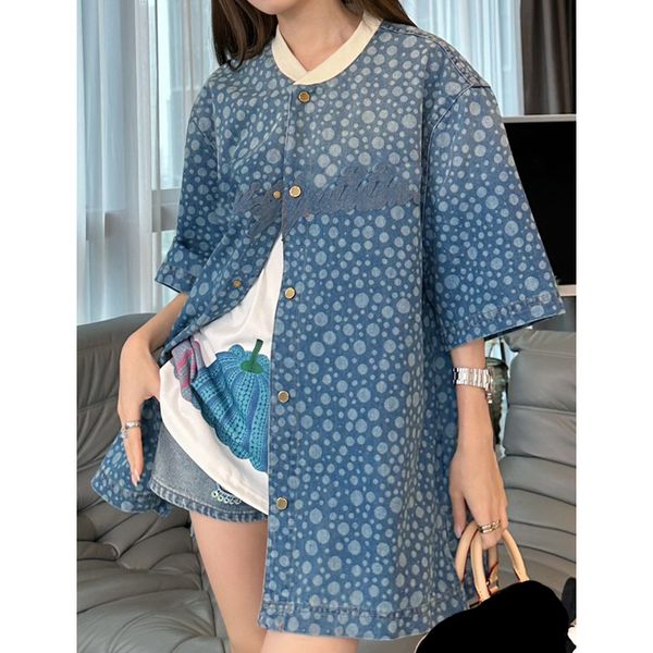 8.12 fashion polka dot print denim shirt women letter embroidery single breasted loose blouse, White
8.12 fashion polka dot print denim shirt women letter embroidery single breasted loose blouse, White