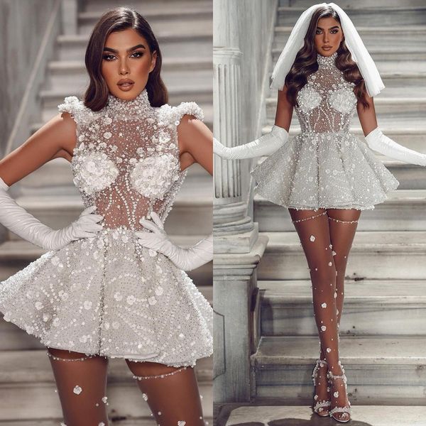 vintage a line short wedding dresses pearls high neck appliques crystal wedding dress illusion bodice mini designer bridal gowns, White
vintage a line short wedding dresses pearls high neck appliques crystal wedding dress illusion bodice mini designer bridal gowns, White