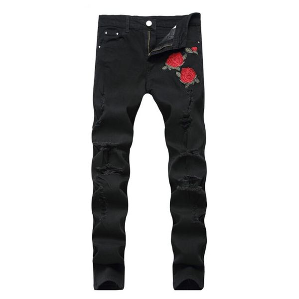 rose embroidery jeans fashion blue black ripped male tide slim pants3112