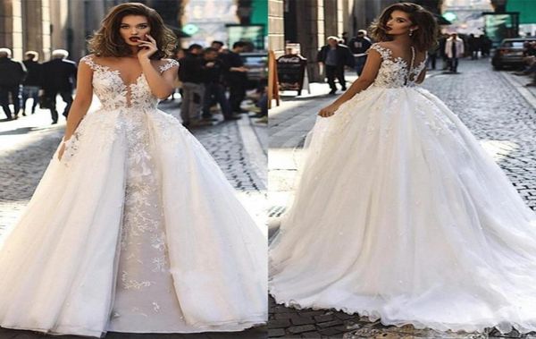 elegant cap sleeves lace wedding dresses a line tulle lace applique sheer back bridal gowns with detachable overskirts1312242, White
elegant cap sleeves lace wedding dresses a line tulle lace applique sheer back bridal gowns with detachable overskirts1312242, White