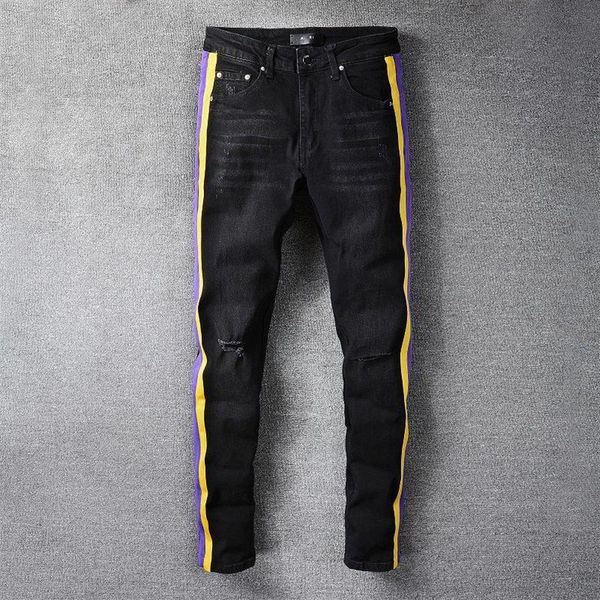 black slim ripped fashion brand jeans pants casual hip dance four season streetwear yellow purple striped men men's246i, Blue
black slim ripped fashion brand jeans pants casual hip dance four season streetwear yellow purple striped men men's246i, Blue