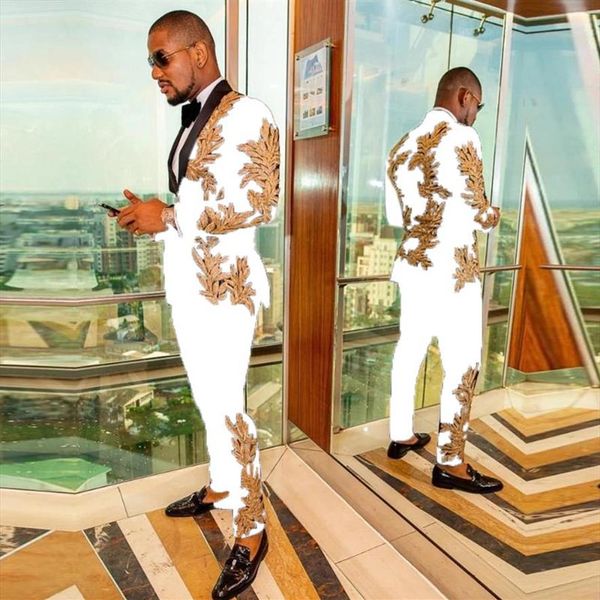 men's suits & blazers gold appliques white formal men for wedding black peaked lapel jacket with pants slim fit 2 pieces set 2363, White;black
men's suits & blazers gold appliques white formal men for wedding black peaked lapel jacket with pants slim fit 2 pieces set 2363, White;black