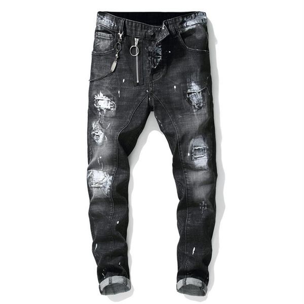 men's hight street ripped painted jeans pants with holes streetwear distressed denim trousers black printed jeans291m, Blue
men's hight street ripped painted jeans pants with holes streetwear distressed denim trousers black printed jeans291m, Blue