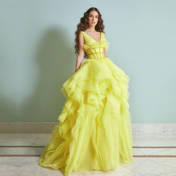 stunning yellow ruffles tiered evening dresses beaded feather prom gown v neck layered tulle robe de marrige, Black;red
stunning yellow ruffles tiered evening dresses beaded feather prom gown v neck layered tulle robe de marrige, Black;red
