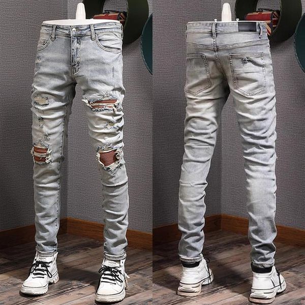 patch stretch jeans man cotton cowboy pants rip effect slim fit leg damage denim341h, Blue
patch stretch jeans man cotton cowboy pants rip effect slim fit leg damage denim341h, Blue