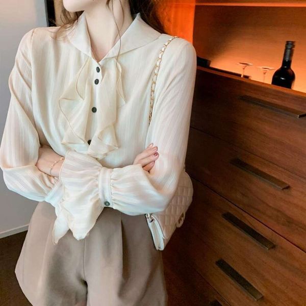 court french long sleeved chiffon shirt for women early spring fashionable trumpet sleeve design, White
court french long sleeved chiffon shirt for women early spring fashionable trumpet sleeve design, White