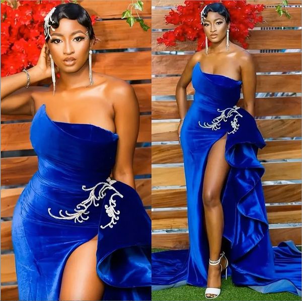 blue mermaid beaded prom dresses strapless neck side split evening gowns sweep train velvet peplum formal dress, Black
blue mermaid beaded prom dresses strapless neck side split evening gowns sweep train velvet peplum formal dress, Black