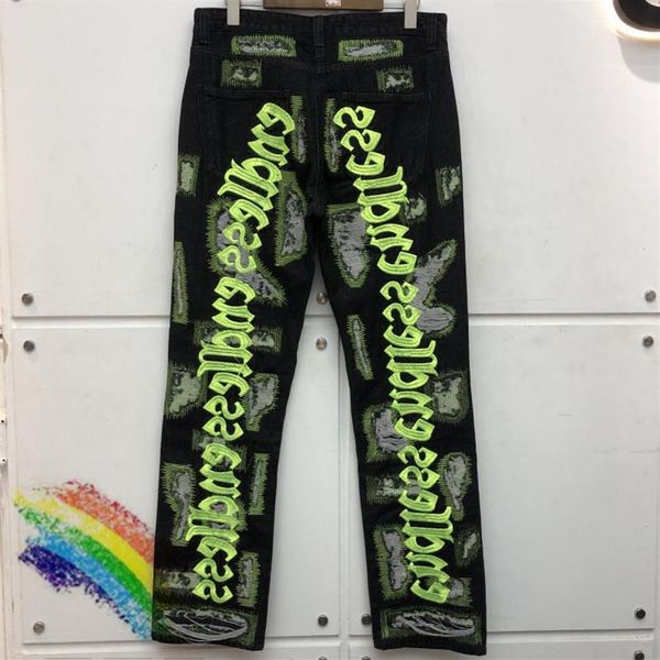 men's jeans distressed endless damage hole denim jean men women straight fluorescent green letter embroidery pants299h, Blue
men's jeans distressed endless damage hole denim jean men women straight fluorescent green letter embroidery pants299h, Blue