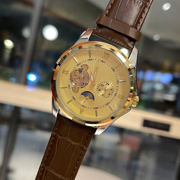 casual men's watch fashion mechanical movement automatic watch skin with date moon phase sports watch nine flywheel sun moon star watch, Slivery;brown
casual men's watch fashion mechanical movement automatic watch skin with date moon phase sports watch nine flywheel sun moon star watch, Slivery;brown