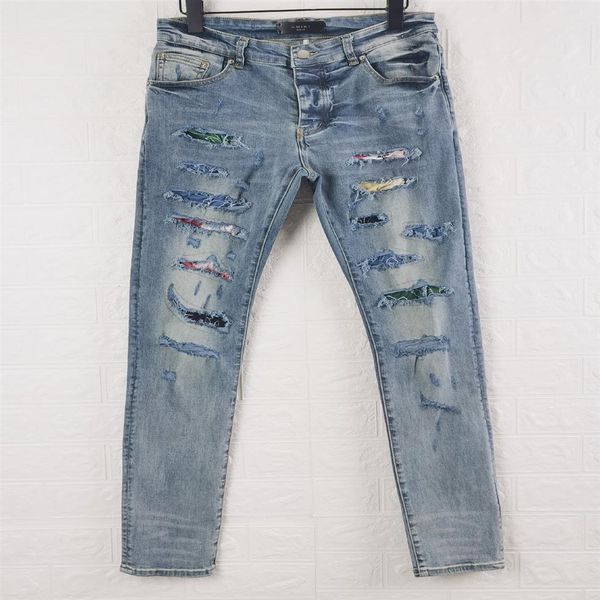 falection mens 21ss amimike jeans distressed art work patch ripped denim jeans216l, Blue
falection mens 21ss amimike jeans distressed art work patch ripped denim jeans216l, Blue
