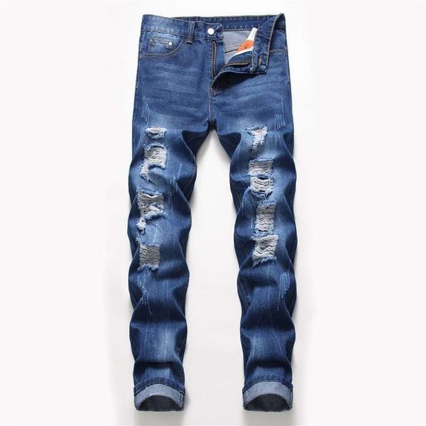 men hole slim straight pleated biker male denim casual pants mens jeans229q, Blue