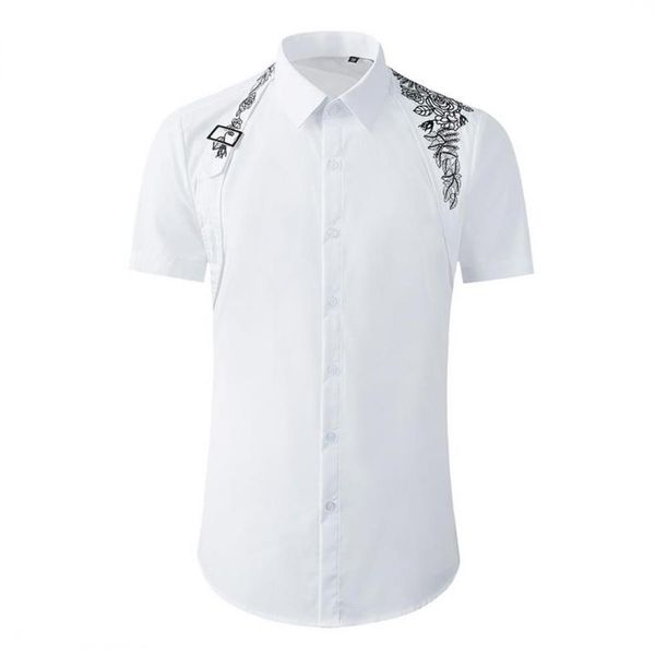 men's casual shirts white mens luxury short sleeve high density embroidery dress metal button slim fit male3082, White;black
men's casual shirts white mens luxury short sleeve high density embroidery dress metal button slim fit male3082, White;black
