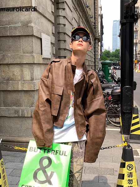 men's jackets mauroicardi autumn cool handsome short oversized brown pu leather jacket men luxury designer american retro clothes 2023, Black;brown
men's jackets mauroicardi autumn cool handsome short oversized brown pu leather jacket men luxury designer american retro clothes 2023, Black;brown
