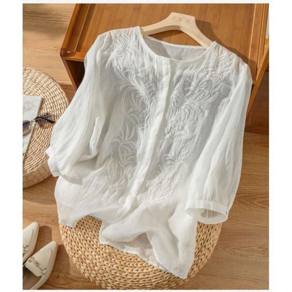 womens summer three quarter sleeves blouses cotton linen blouse embroidered loose thin beautiful, White
womens summer three quarter sleeves blouses cotton linen blouse embroidered loose thin beautiful, White