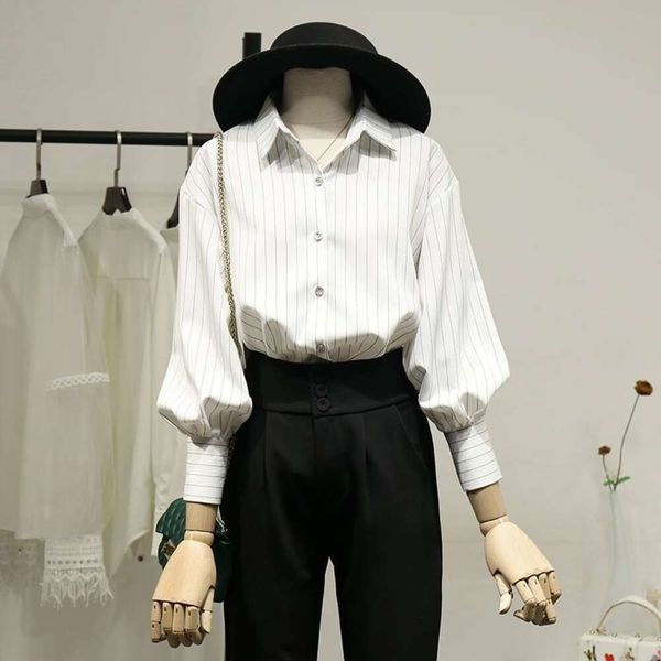 womens striped shirt with a niche design retro hong kong style business wear autumn, White
womens striped shirt with a niche design retro hong kong style business wear autumn, White