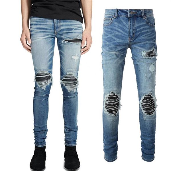 men's denim jeans ripped slim fit stretch leather patchwork280m, Blue