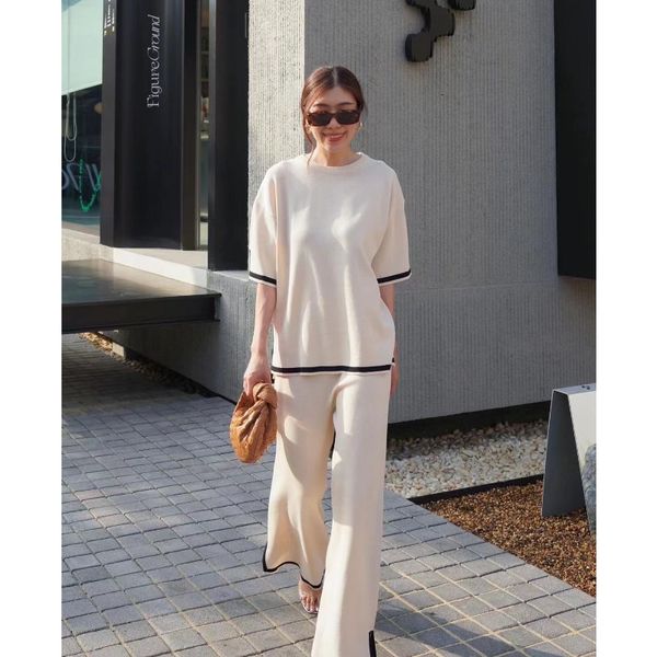women's sweaters 2023 spring summer knitted shirtspants suits office lady fashion short sleeve loose crepe y2k 2pcs set outfits 230811, White;black
women's sweaters 2023 spring summer knitted shirtspants suits office lady fashion short sleeve loose crepe y2k 2pcs set outfits 230811, White;black
