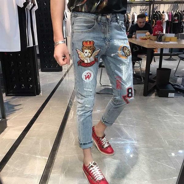 men's jeans spring embroidery graffiti trend brand fashion stretch slim ripped for men graphic vaqueros hombre 20211948, Blue
men's jeans spring embroidery graffiti trend brand fashion stretch slim ripped for men graphic vaqueros hombre 20211948, Blue