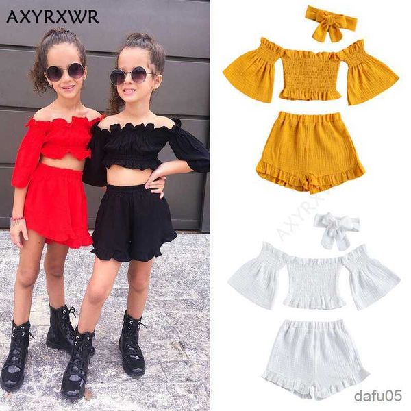 clothing sets summer fashion kid baby girls clothes sets short sleeve shoulder crop shorts headband outfit set r230812, White
clothing sets summer fashion kid baby girls clothes sets short sleeve shoulder crop shorts headband outfit set r230812, White