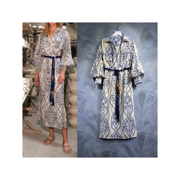 high-quality runway style lantern long-sleeve printed belt shirt dress, Black 
high-quality runway style lantern long-sleeve printed belt shirt dress, Black