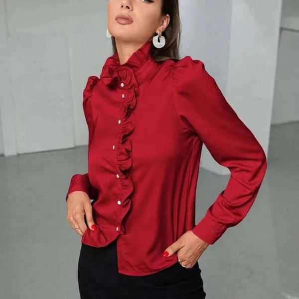 womens shirt summer commuter style pure color french wood ear edge long sleeved blouse, White
womens shirt summer commuter style pure color french wood ear edge long sleeved blouse, White