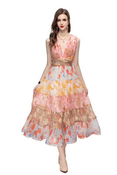 women's runway dresses low v neck sleeveless printed floral fashion high street vestidos, Black
women's runway dresses low v neck sleeveless printed floral fashion high street vestidos, Black