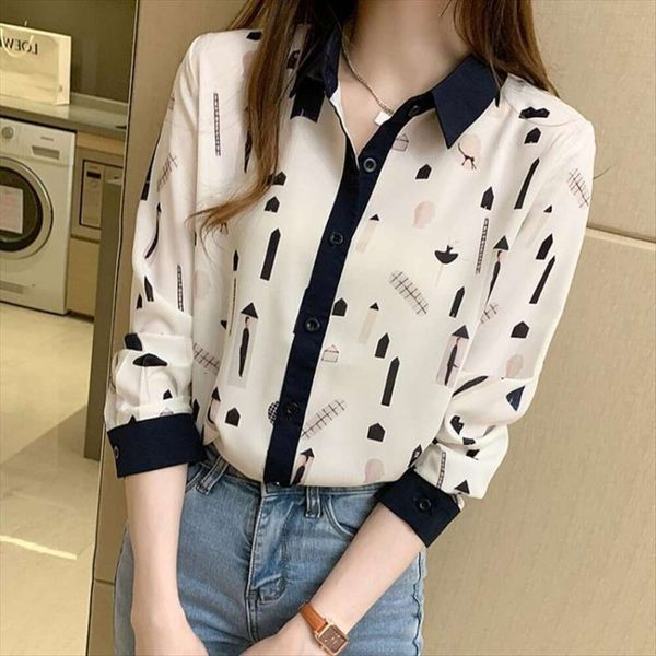 autumn korean version shirt of all matching color block printed long sleeved chiffon for womens base top, White
autumn korean version shirt of all matching color block printed long sleeved chiffon for womens base top, White