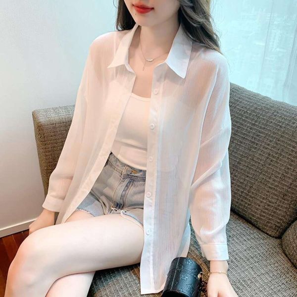 colors summer shirt chiffon sunblock long sleeved cardigan medium pure color air conditioning for women, White
colors summer shirt chiffon sunblock long sleeved cardigan medium pure color air conditioning for women, White