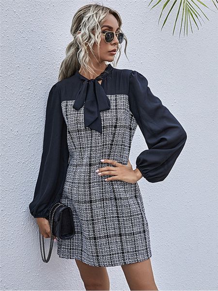 basic casual dresses autumn winter women slim plaid patchwork bow collar high waist full sleeve dress 230811, Black;gray
basic casual dresses autumn winter women slim plaid patchwork bow collar high waist full sleeve dress 230811, Black;gray