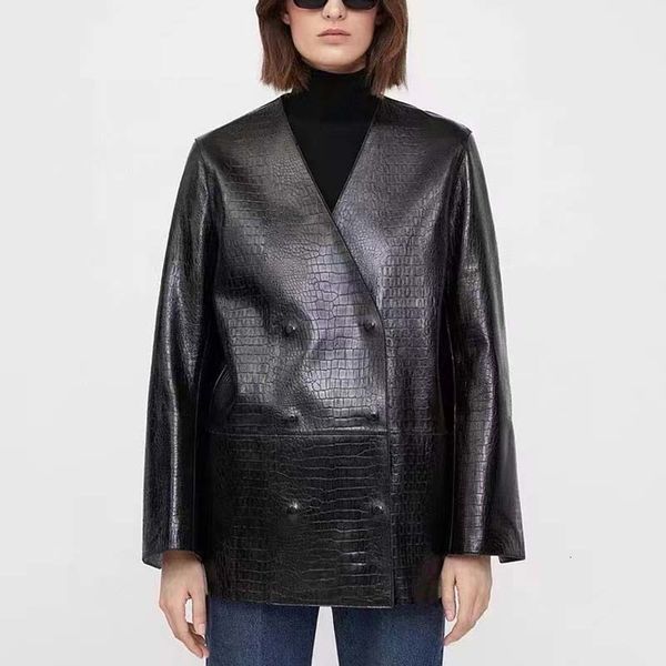 women's leather faux women coat spring and autumn regular length clothes vneck collar genuine imitation snakeskin covered button 230812, Black
women's leather faux women coat spring and autumn regular length clothes vneck collar genuine imitation snakeskin covered button 230812, Black