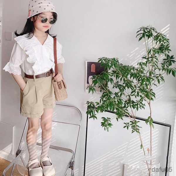 clothing sets summer baby girls cotton ruffled half sleeves shirt +khaki shorts with belt kids suit child outfit 2-8years r230812, White
clothing sets summer baby girls cotton ruffled half sleeves shirt +khaki shorts with belt kids suit child outfit 2-8years r230812, White