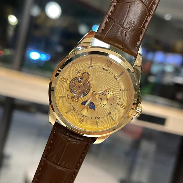 luxury men's watch fashion mechanical movement automatic watch skin with date moon phase sports watch nine flywheel sun moon star watch, Slivery;brown
luxury men's watch fashion mechanical movement automatic watch skin with date moon phase sports watch nine flywheel sun moon star watch, Slivery;brown