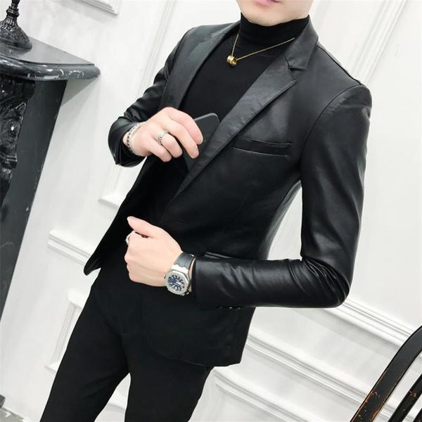 solid black slim fit blazer hombre pu leather jacket men one button business casual prom blazers for men korean suit coat2858, White;black
solid black slim fit blazer hombre pu leather jacket men one button business casual prom blazers for men korean suit coat2858, White;black
