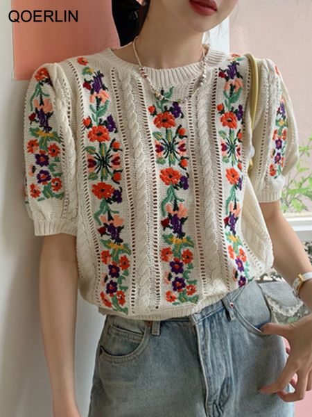 women's sweaters qoerlin embroidered floral pullover o neck short sleeve loose summer elegant knitwear 2023 vintage hollow out soft 230, White;black
women's sweaters qoerlin embroidered floral pullover o neck short sleeve loose summer elegant knitwear 2023 vintage hollow out soft 230, White;black