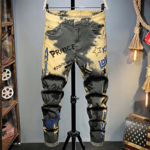 letter print slim yellow men's jeans fashion painting hip hop pants ripped patch elastic letter embroidery stretch jeans pant321f, Blue
letter print slim yellow men's jeans fashion painting hip hop pants ripped patch elastic letter embroidery stretch jeans pant321f, Blue