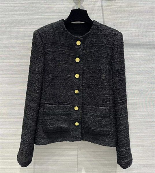 european and american women's clothing 2023 autumn new round neck long sleeve single breasted black tweed jacket gold buttons
european and american women's clothing 2023 autumn new round neck long sleeve single breasted black tweed jacket gold buttons