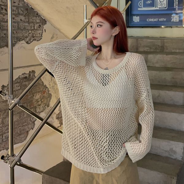 women's sweater's long sleeve see through hollow out loose sweater lady symmer o neck pullover thin jumper 230811, White;black
women's sweater's long sleeve see through hollow out loose sweater lady symmer o neck pullover thin jumper 230811, White;black