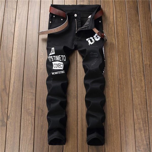 2019 new fashion men's black stretch jeans letter printing ripped denim jeans male straight slim nightclub pants printing230v, Blue
2019 new fashion men's black stretch jeans letter printing ripped denim jeans male straight slim nightclub pants printing230v, Blue